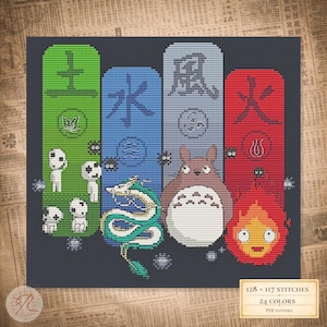 Kreuzstichmuster Fantasie Vier Elemente PDF – Drache, Feuergeist und Waldgeister Design