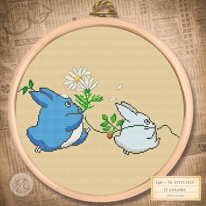 Può includere: Ricamo a punto croce in un telaio di legno con due personaggi dei cartoni animati, uno blu e uno bianco, che tengono una margherita e del verde. Il disegno è su uno sfondo di tessuto beige. Il testo recita: 140 x 76 punti, 17 colori, modello PDF.