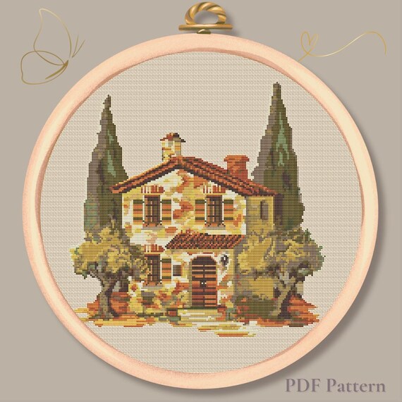 トスカーナのヴィラ刺繍PDF – イタリアの田舎のコテージ、地中海の風景 