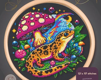 Neon Lizard Cross Stitch PDF – Psychedelic Mushroom Forest Embroidery