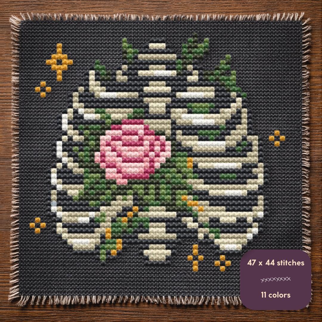 Tiny Rib Cage Cross Stitch Pattern – Gothic Floral Bones Embroidery PDF ...