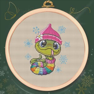 Winter Snake Cross Stitch Pattern PDF – Cozy Reptile in Knit Hat – Snowy Embroidery Design
