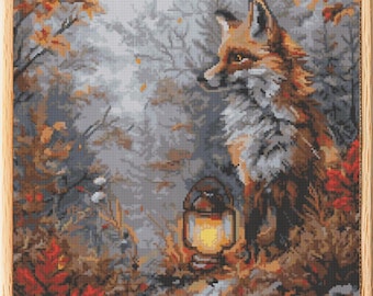 Herbstfuchs mit Laterne – Gemütlicher Herbstwald Kreuzstich PDF, rustikale Tierstickerei