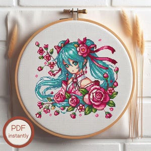 Cherry Melody Cross Stitch Pattern PDF – Pink-Haired Anime Girl Design – Kawaii Sakura-Inspired Embroidery – Digital Download for Stitchers