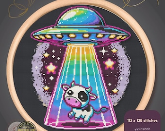 UFO Cow Cross Stitch Pattern – Funny Alien Abduction Embroidery PDF – Geeky Space Design
