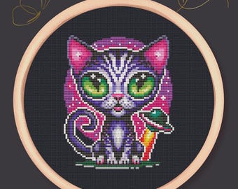 PDF kruissteek Alien Cat – neon-ufo-borduurwerk – kawaii-sci-fipatroon