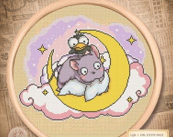 Moon Friends Kreuzstichmuster PDF – Fantasietier-Stickerei – Verträumtes Crescent Moon Design
