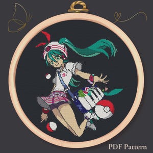 Aqua-Haired Anime Girl Cross Stitch Pattern PDF – Dynamic Twin Tails – Fantasy Embroidery