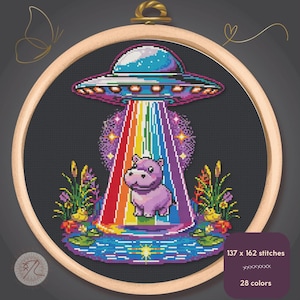 Könnte beinhalten: Kreuzstich-Stickerei in einem Holzrahmen mit einer skurrilen Szene. Ein lila Nilpferd steht unter einem Regenbogenstrahl von einem UFO. Das Design umfasst Wasser, Pflanzen und den Text "137 x 162 Stiche" und "28 Farben".