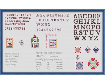 Set of 5 cross stitch fonts patterns USA decor Tiny alphabets for cross stitching Letters and numbers for DIY Wedding Digital download PDF