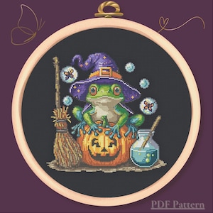 Witchy Frog on Pumpkin – Cross Stitch Pattern PDF – Halloween Embroidery – Magic Broom & Potion