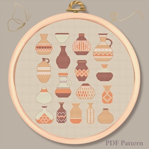Terracotta Pottery Cross Stitch PDF - Boho Clay Vases - Rustic Minimalist Home Decor Embroidery Chart