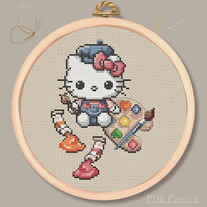 Patrón de punto de cruz de gato artista en PDF – Bordado de gatito pintor