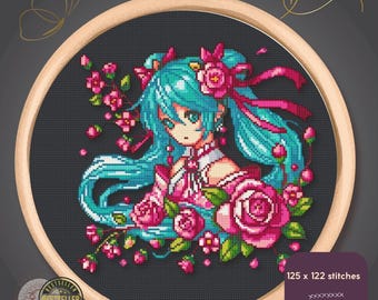 Kreuzstichmuster Anime Mädchen Kirschblüte PDF – Sakura Blumen Stickdesign