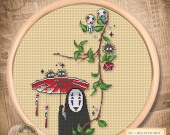 Tea with Spirits Cross Stitch Pattern – Masked Figure & Soot Sprites Anime-Inspired Embroidery PDF