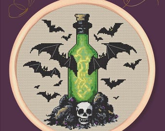 Haunted Potion Bottle Cross Stitch Pattern – Gothic Halloween PDF