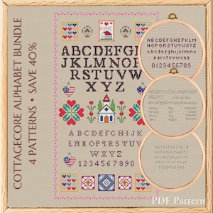 Bundle Abecedario Cottagecore – 4 Sets de Fuentes Vintage de Punto de Cruz PDF