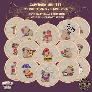 Peut inclure: Douze cerceaux de broderie au point de croix avec des capybaras dans diverses tenues et décors. Le texte indique "CAPYBARA MINI SET" et "21 PATTERNS SAVE 75%". Les cerceaux sont disposés sur un fond violet, avec les mots "BUNDLE SALE" et "BESTSELLER".