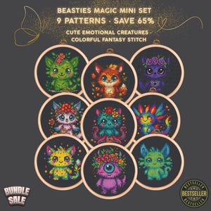 Puede incluir: Una colección de nueve aros de bordado con criaturas de fantasía coloridas. Cada aro muestra un diseño único de una linda bestia emocional con acentos florales. El texto dice "BEASTIES MAGIC MINI SET" y "9 PATTERNS SAVE 65%."