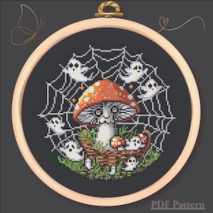 Fungo infestato con fantasmi – Schema punto croce PDF – Ricamo di fungo spettrale – Disegno punto croce di Halloween