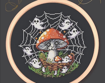 Haunted Mushroom with Ghosts – Cross Stitch Pattern PDF – Spooky Toadstool Embroidery – Halloween Stitch Design