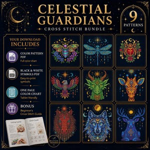 May include: A digital cross stitch bundle titled Celestial Guardians featuring 9 patterns of animals and insects including a bee, dragonfly, beetle, eagle, dragon, giraffe, horse, wolf, and deer. Includes PDF charts and a beginner cross stitch guide.