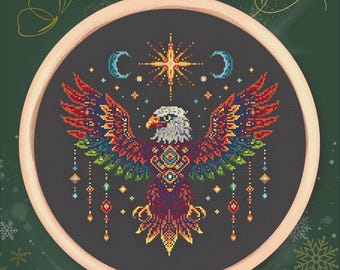 Eagle Totem Cross Stitch Pattern – Tribal Spirit Bird – Moon & Stars Embroidery PDF
