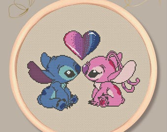 Cosmic Love Cross Stitch Pattern PDF – Blue Alien and Heart Embroidery