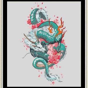 May include: Cross-stitch design featuring a teal dragon with white and orange details. The dragon is set against a backdrop of red and pink floral elements, framed within a black and gold border.