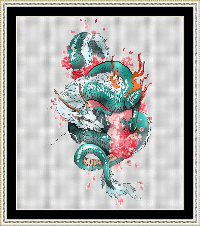 May include: Cross-stitch design featuring a teal dragon with white and orange details. The dragon is set against a backdrop of red and pink floral elements, framed within a black and gold border.