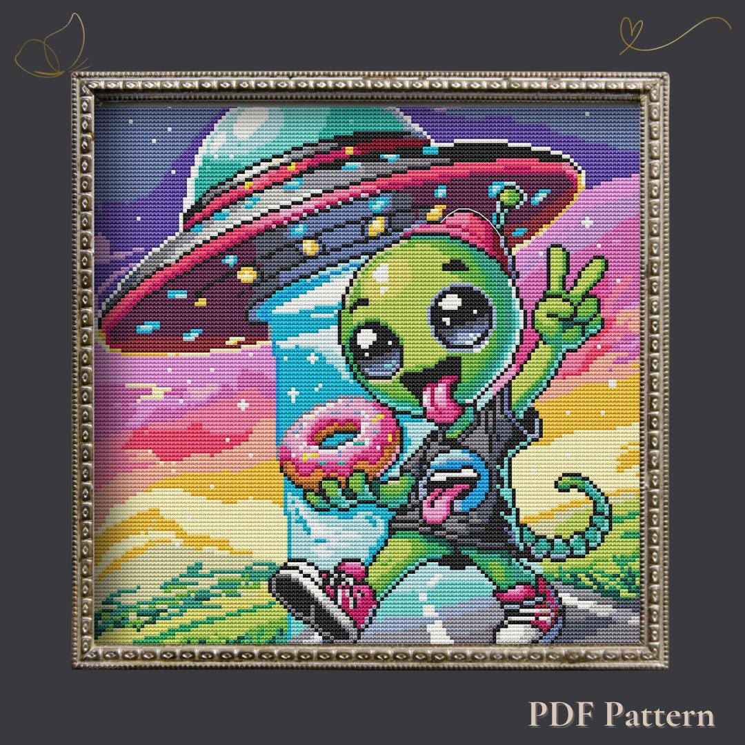 Neon Alien Cross Stitch Pattern PDF – Retro Martian With Donut & UFO ...