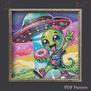 Neon Alien Cross Stitch Pattern PDF – Retro Martian with Donut & UFO – Sci-Fi Embroidery Design