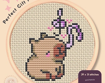 Schema Punto Croce Capibara PDF – Mini Animale Kawaii che Canta – Design di Ricamo Facile e Piccolo