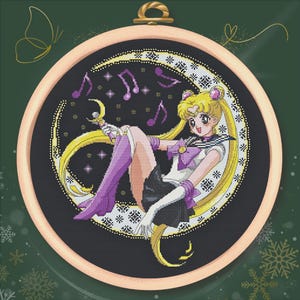 Patrón de punto de cruz en PDF de Moon Singer – Chica anime mágica en luna creciente – Bordado de fantasía