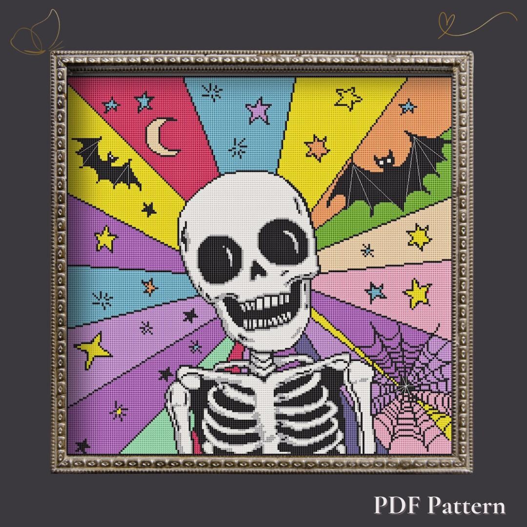 Rainbow Skeleton – Colorful Halloween Embroidery PDF – Retro Spooky ...