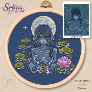 Moon Pond Siren Cross Stitch Pattern – Mystical Mermaid Lily Pad Embroidery (PDF Download)