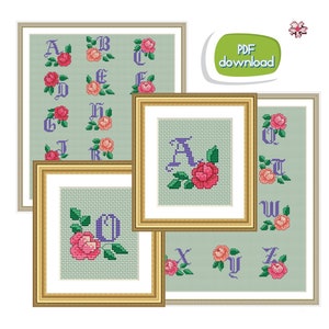 Bordado de letras Bordado de letras en punto de cruz Alfabeto completo Bordado de rosas Bordado floral Punto de cruz rápido Letra elegante y elegante Punto de cruz de letras