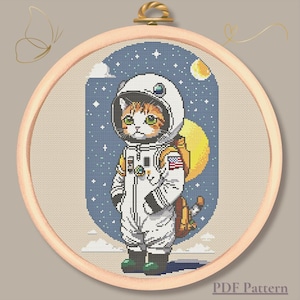 Astronaut Cat Cross Stitch PDF – Galaxy Space Kitty – Funny Cosmic Embroidery Pattern