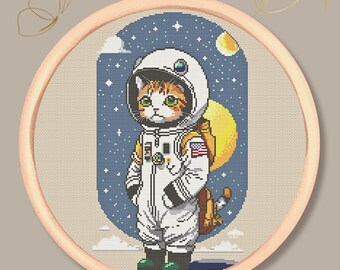 PDF de punto de cruz de gato astronauta – Gatito espacial galáctico – Divertido patrón de bordado cósmico