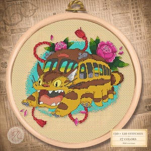 Peut inclure: Broderie au point de croix dans un cercle en bois. Le motif représente un personnage de chat-bus jaune et marron avec la bouche ouverte, sur fond turquoise. Des fleurs roses et des accents rouges entourent le personnage. Le texte indique "130 x 120 points, 27 couleurs, motif PDF."