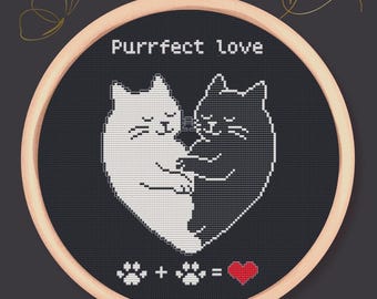 Love Cats Heart – Valentine Kawaii Embroidery PDF, Black & White Cat Couple, Digital Design