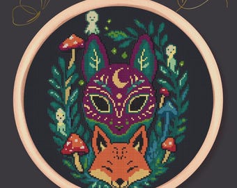 森の仮面のキツネ – クロスステッチ図案 PDF | 神秘的な森の刺繍 | トーテム動物デザイン