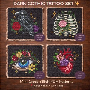 Dark Botanical Gothic Tattoo 4 Mini Set – Raven Skull Eye Heart Cross Stitch PDF