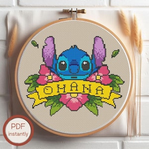Alien Tattoo Cross Stitch Pattern PDF – Cute Mischief Creature in Ink Style – Anime-Inspired Fan Art Embroidery – Digital Download