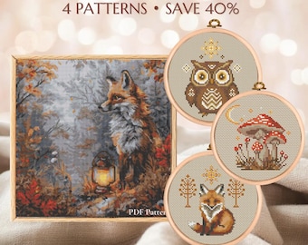 Bundle de Punto de Cruz Cottagecore Otoño PDF – Set Bosque con Zorro, Hongo y Búho