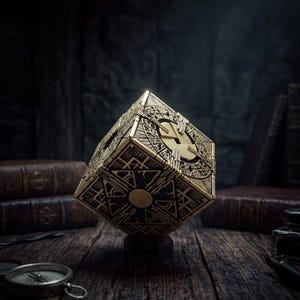 May include: A gold and black puzzle box featuring intricate geometric engravings and circular patterns on each face. The cube is balanced on a small dark stand, showcasing detailed metallic etchings and a complex, multi-layered surface design.