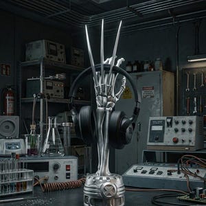 May include: A silver headphone stand shaped like a skeletal hand with three claws, holding a pair of black JBL headphones. The stand has an X-Men logo on the base. The background is a laboratory setting.