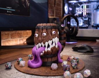 Torre per dadi Mimic / Mostro a barile stampato in 3D / Porta dadi e porta lattina per giochi di ruolo da tavolo / Regalo fantasy per giocatori di Dungeons and Dragons