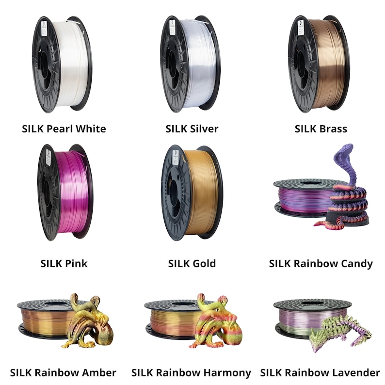 Pu&ograve; includere: Nove bobine di filamento per stampante 3D in vari colori, tra cui bianco perla, argento, ottone, rosa, oro e arcobaleno. Ogni bobina &egrave; etichettata con il suo nome di colore. Sono inoltre mostrati modelli stampati in 3D di un serpente, un polpo e un drago.