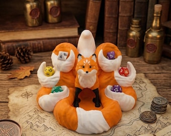 Kitsune Dice Tower - Vassoio per dadi a forma di volpe a nove code per D&D - Porta dadi ispirato alla mitologia giapponese - Regalo per giochi di ruolo da tavolo - Miniatura di volpe dipinta a mano